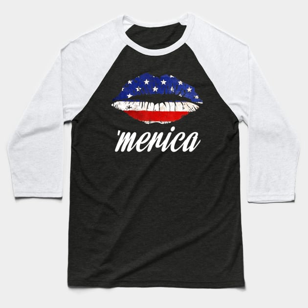 Kiss Lips Merica Funny Love 4th of July American Flag Baseball T-Shirt by crowominousnigerian 